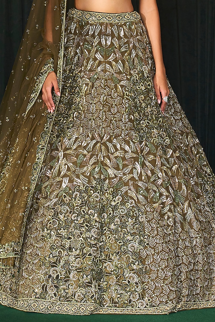 Olive Green Net Cutdana Handwork Bridal Lehenga Set by ROQA | Siddharth Khurana & Kartik Khurana at Pernia's Pop Up Shop