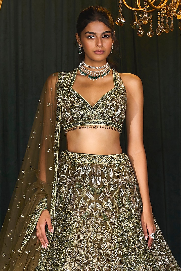 Olive Green Net Cutdana Handwork Bridal Lehenga Set by ROQA | Siddharth Khurana & Kartik Khurana at Pernia's Pop Up Shop
