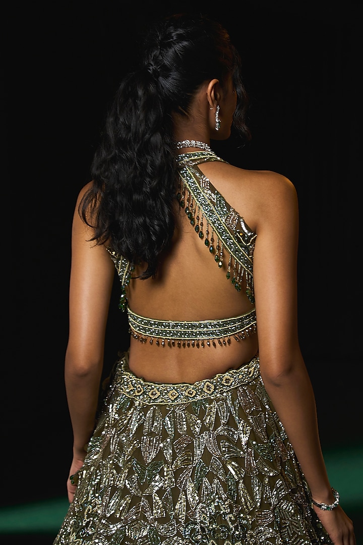 Olive Green Net Cutdana Handwork Bridal Lehenga Set by ROQA | Siddharth Khurana & Kartik Khurana at Pernia's Pop Up Shop