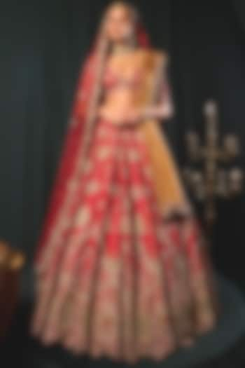 Red Raw Silk Floral Mesh Embroidered Bridal Lehenga Set by ROQA at Pernia's Pop Up Shop