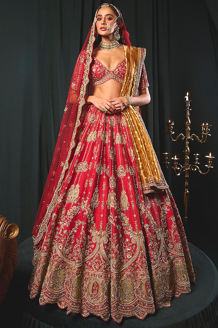 Red Raw Silk Floral Mesh Embroidered Bridal Lehenga Set by ROQA at Pernia's Pop Up Shop