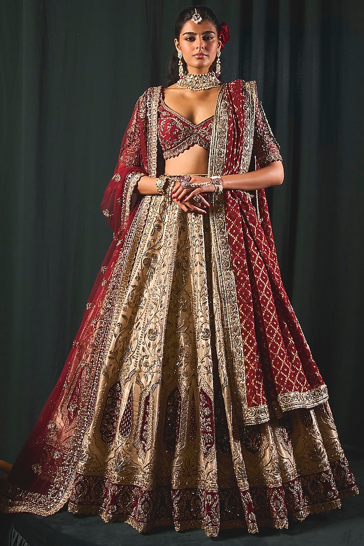 Gold Tissue Zari Embroidered Bridal Lehenga Set by ROQA at Pernia's Pop Up Shop