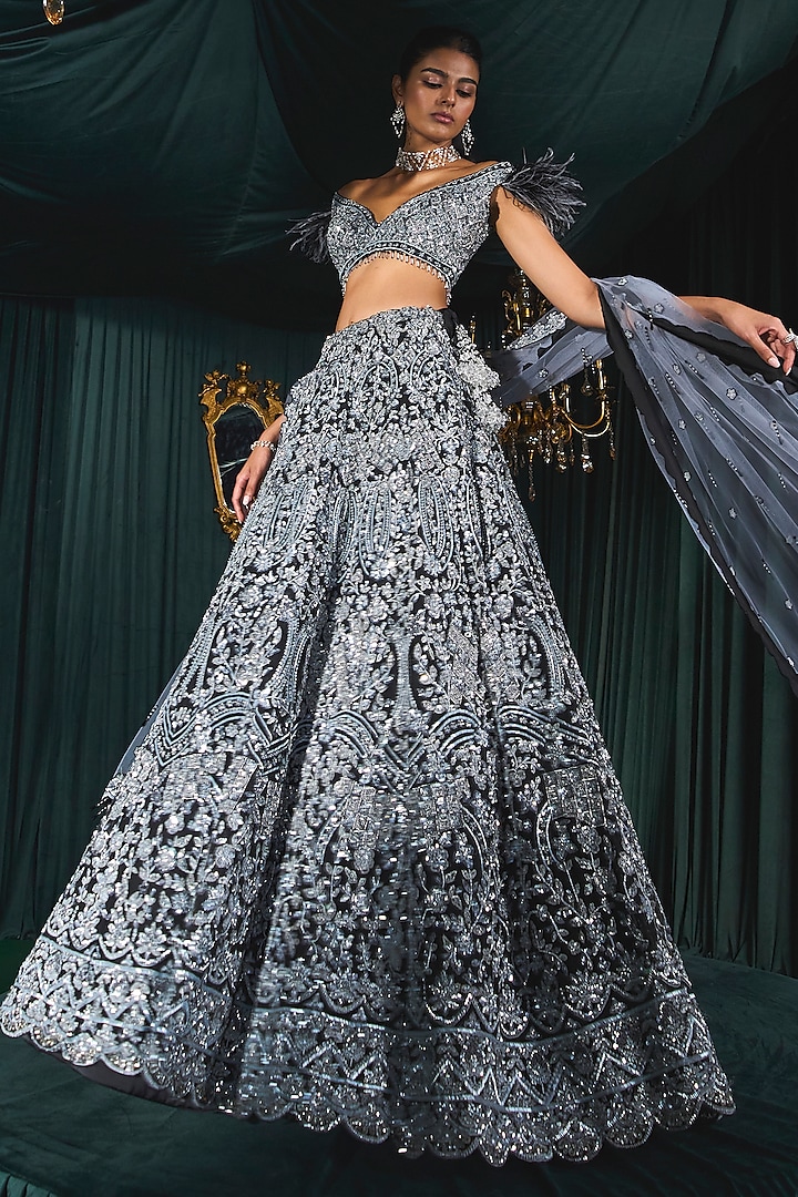 Black Net Silver Embroidered Bridal Lehenga Set by ROQA at Pernia's Pop Up Shop