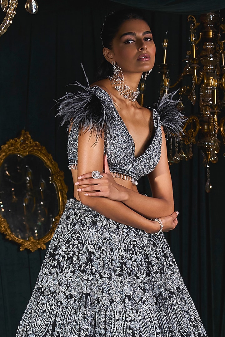 Black Net Silver Embroidered Bridal Lehenga Set by ROQA | Siddharth Khurana & Kartik Khurana at Pernia's Pop Up Shop