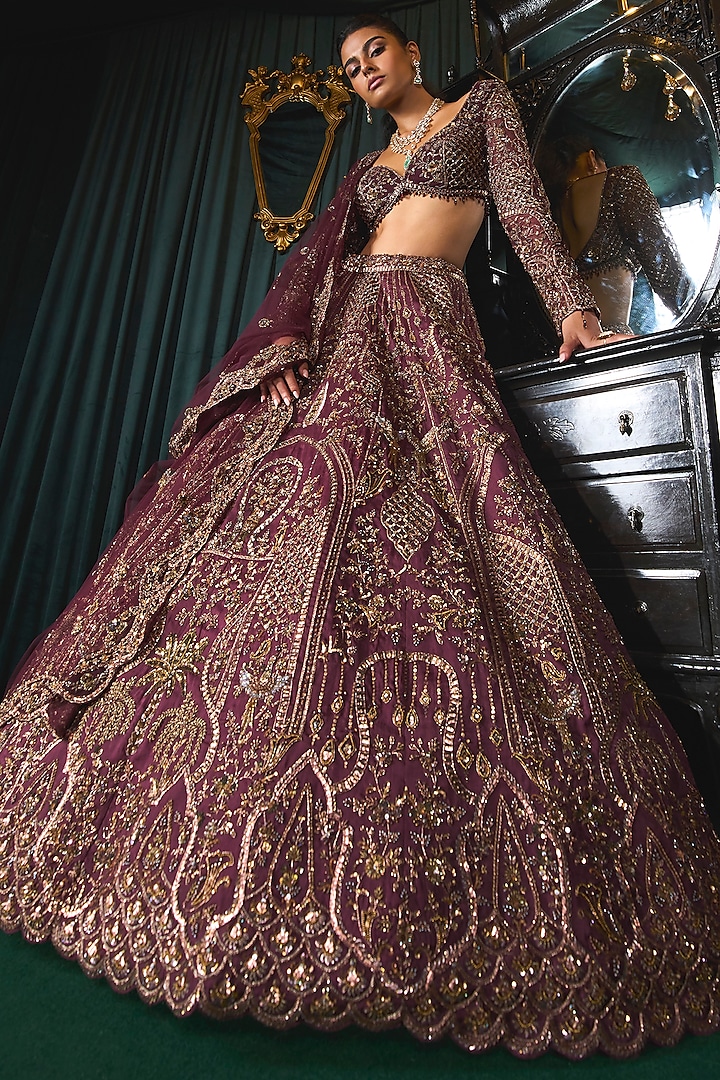 Wine Organza Moti & Cutdana Embroidered Bridal Lehenga Set by ROQA at Pernia's Pop Up Shop