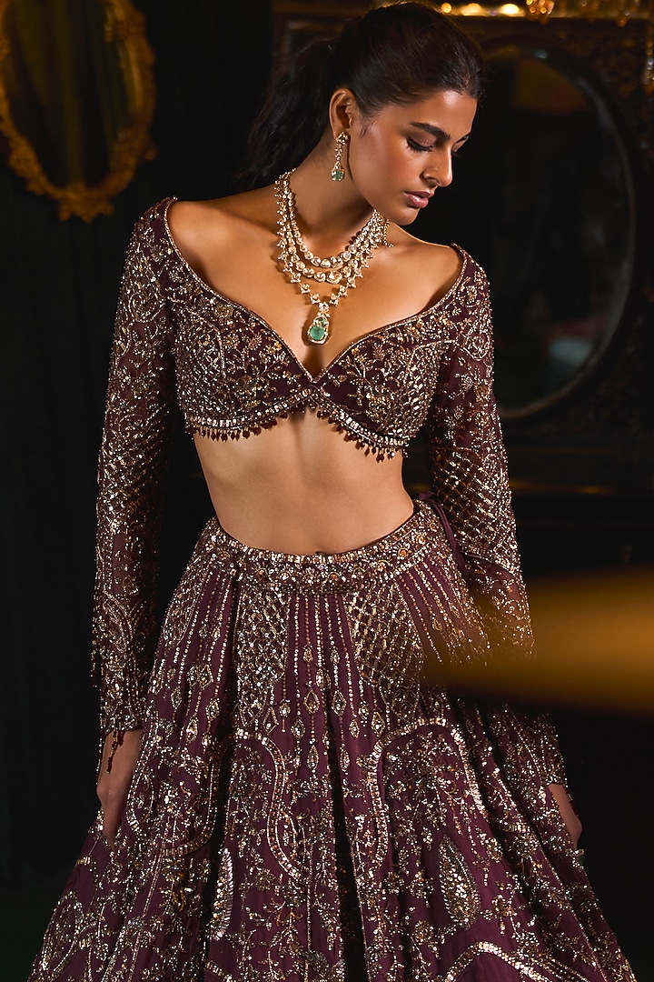 Wine Organza Moti & Cutdana Embroidered Bridal Lehenga Set by ROQA | Siddharth Khurana & Kartik Khurana at Pernia's Pop Up Shop