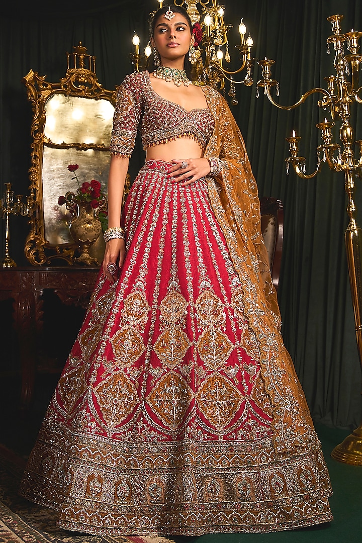 Red Raw Silk Zari & Moti Embroidered Bridal Lehenga Set by ROQA at Pernia's Pop Up Shop