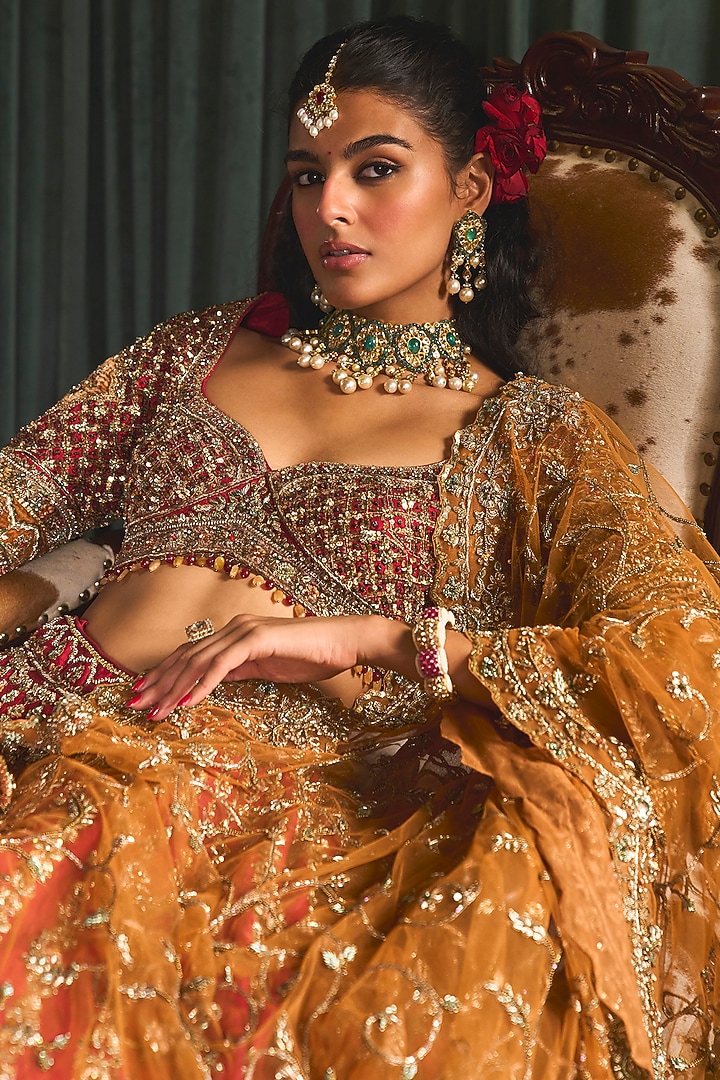Red Raw Silk Zari & Moti Embroidered Bridal Lehenga Set by ROQA | Siddharth Khurana & Kartik Khurana at Pernia's Pop Up Shop