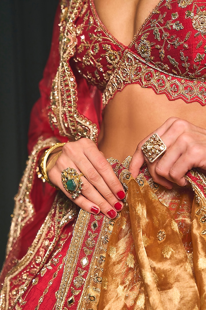Red Raw Silk Zari & Moti Embroidered Bridal Lehenga Set by ROQA | Siddharth Khurana & Kartik Khurana at Pernia's Pop Up Shop