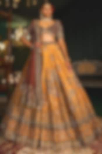 Mustard Raw Silk Sequins & Zardosi Embroidered Bridal Lehenga Set by ROQA at Pernia's Pop Up Shop