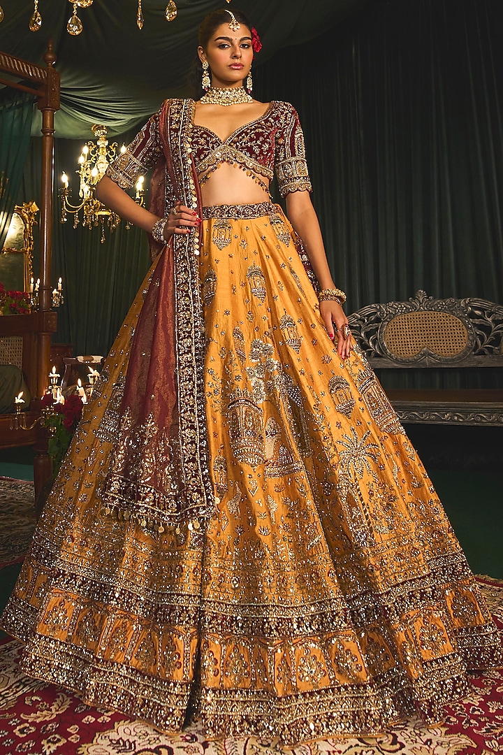 Mustard Raw Silk Sequins & Zardosi Embroidered Bridal Lehenga Set by ROQA at Pernia's Pop Up Shop