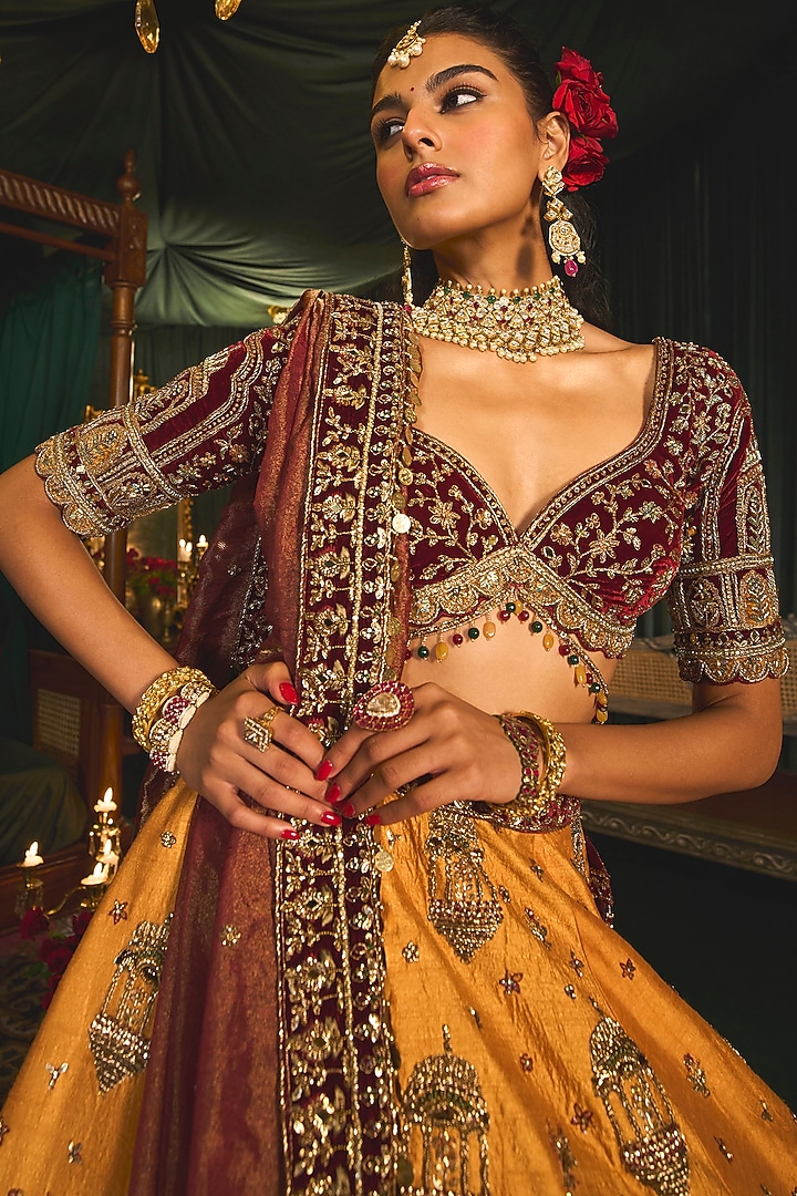Mustard Raw Silk Sequins & Zardosi Embroidered Bridal Lehenga Set by ROQA | Siddharth Khurana & Kartik Khurana at Pernia's Pop Up Shop