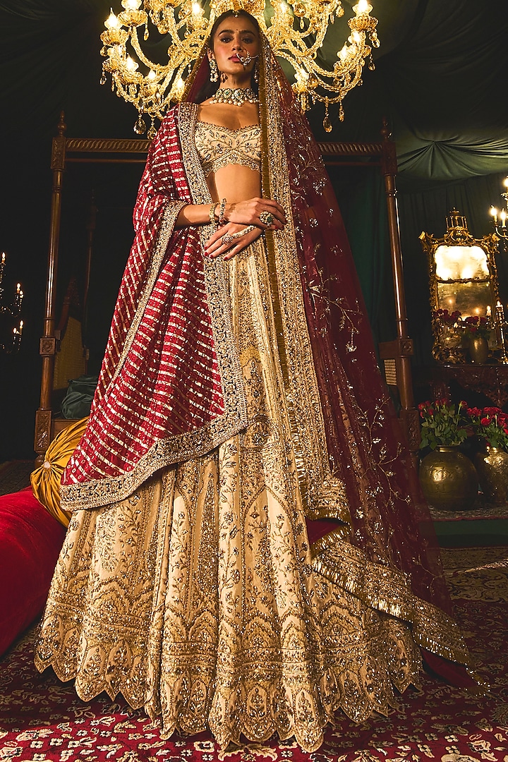 Gold Raw Silk Sequins & Zari Embroidered Bridal Lehenga Set by ROQA at Pernia's Pop Up Shop