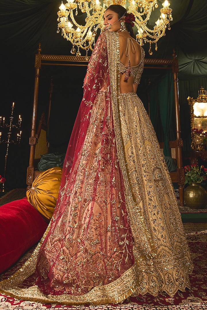 Gold Raw Silk Sequins & Zari Embroidered Bridal Lehenga Set by ROQA | Siddharth Khurana & Kartik Khurana at Pernia's Pop Up Shop