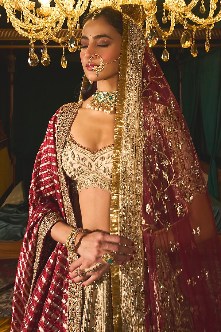 Gold Raw Silk Sequins & Zari Embroidered Bridal Lehenga Set by ROQA | Siddharth Khurana & Kartik Khurana at Pernia's Pop Up Shop
