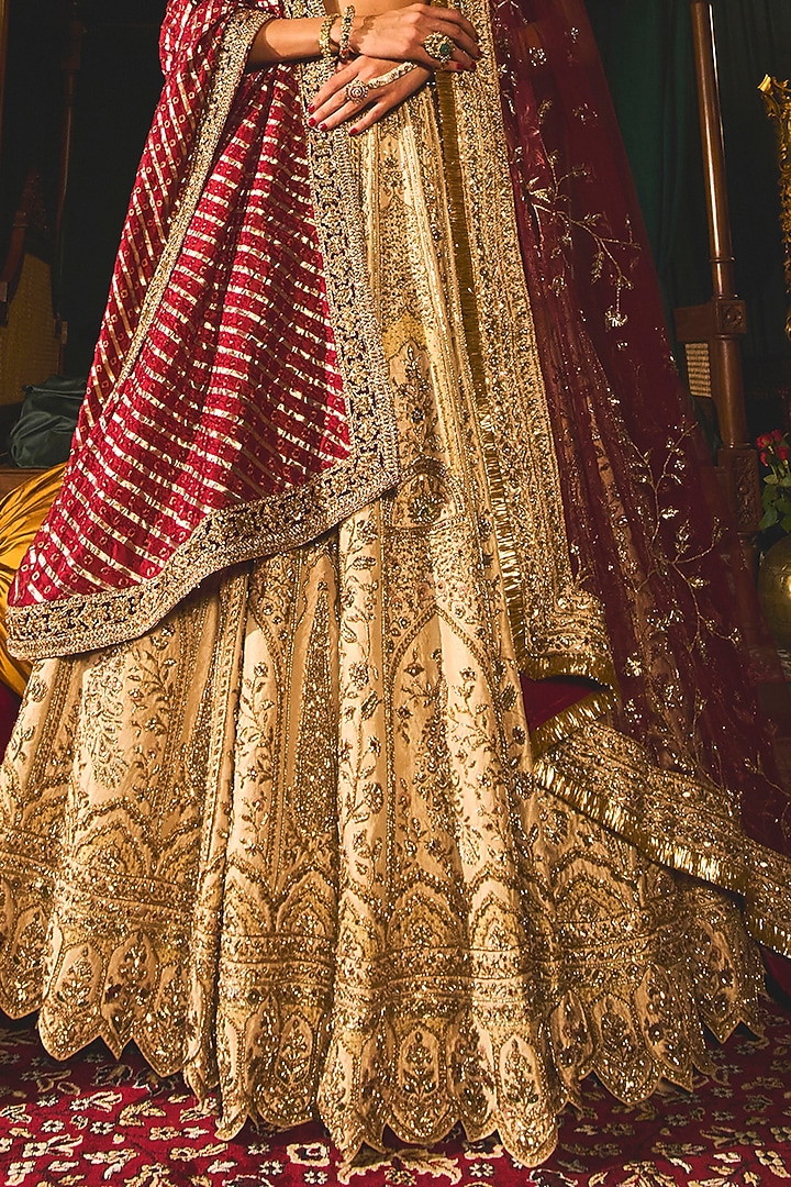 Gold Raw Silk Sequins & Zari Embroidered Bridal Lehenga Set by ROQA | Siddharth Khurana & Kartik Khurana at Pernia's Pop Up Shop