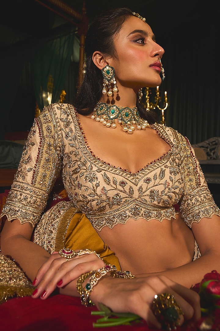 Gold Raw Silk Sequins & Zari Embroidered Bridal Lehenga Set by ROQA | Siddharth Khurana & Kartik Khurana at Pernia's Pop Up Shop