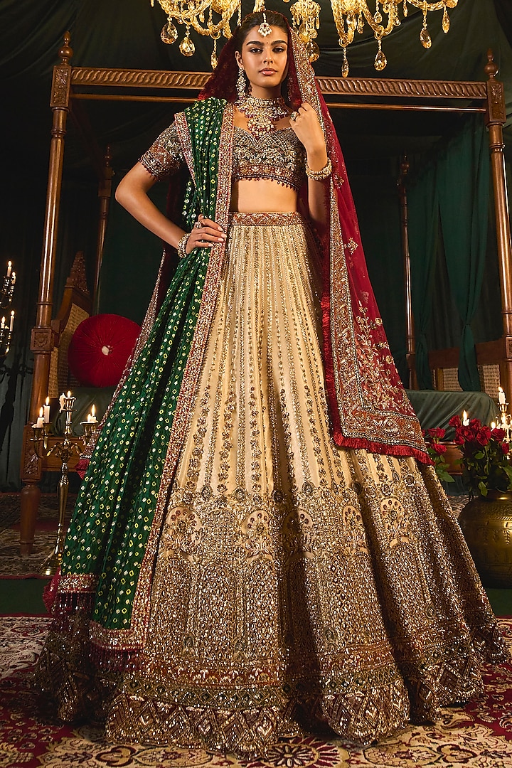 Gold Net Sequins & Cutdana Embroidered Bridal Lehenga Set by ROQA at Pernia's Pop Up Shop