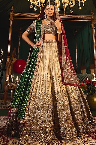 Gold Net Sequins & Cutdana Embroidered Lehenga Set by ROQA | Siddharth Khurana & Kartik Khurana