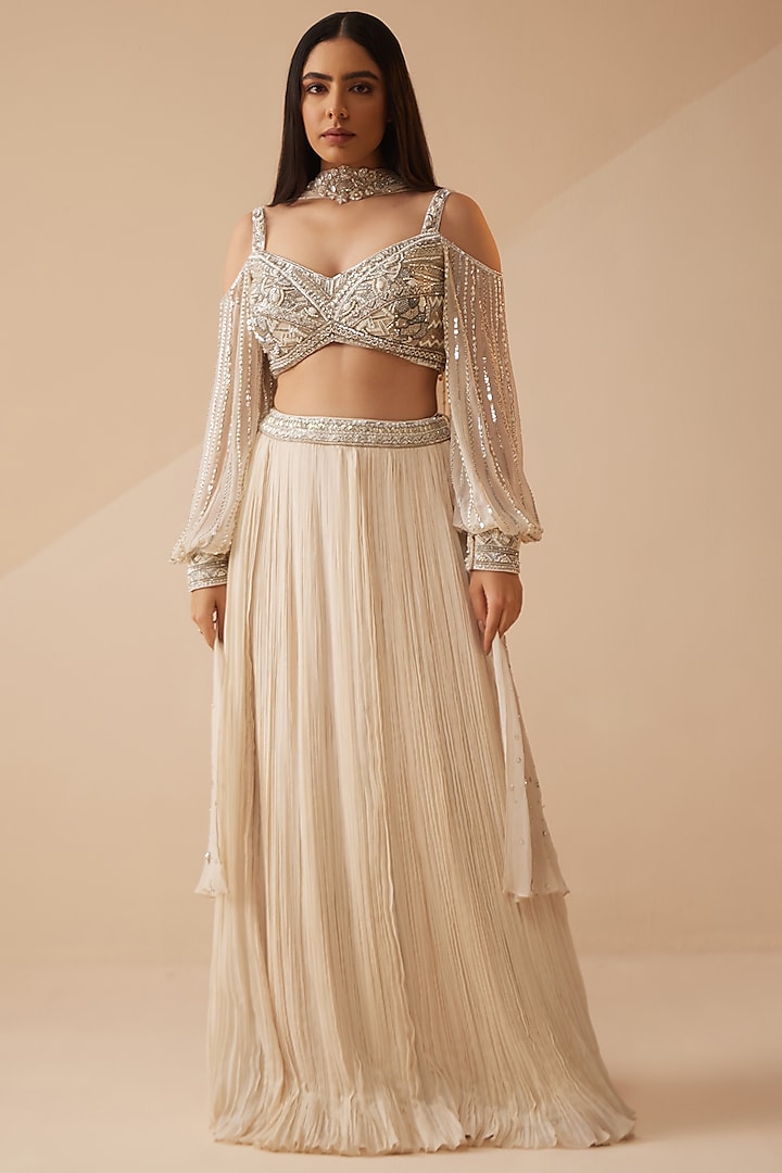 Ivory Chinon Georgette Embroidered Lehenga Set by ROQA