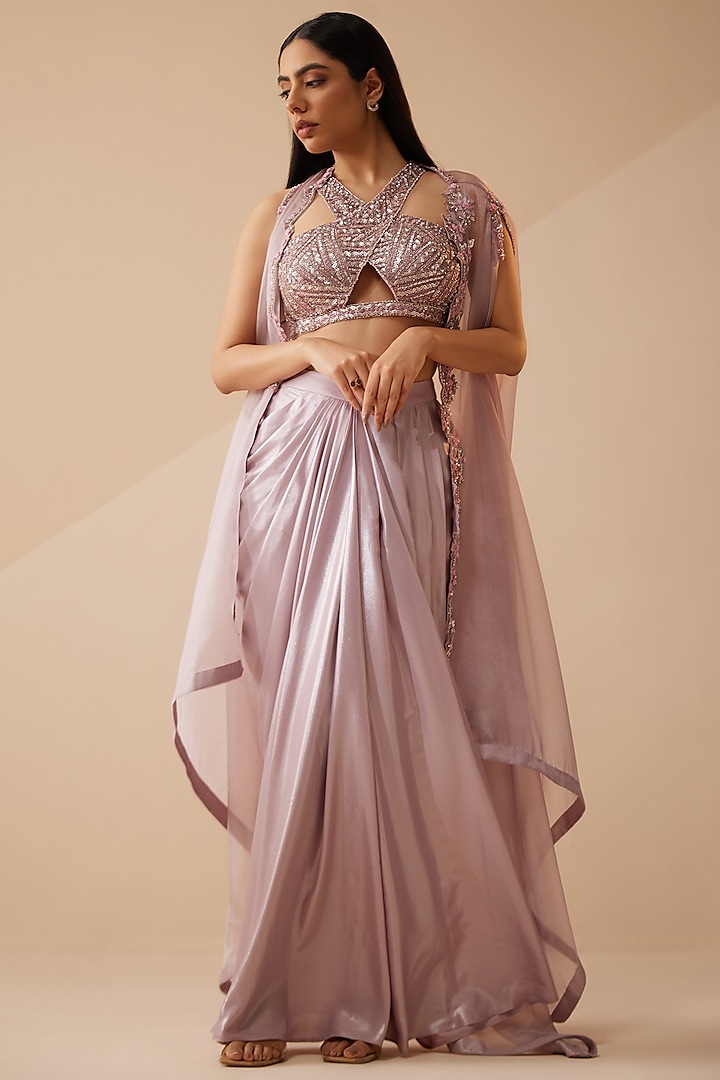 Lilac Organza Sequins & Pearl Embroidered Cape Set by ROQA