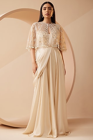 Off-White Modal Satin Draped Gown Saree With Jacket by ROQA | Siddharth Khurana & Kartik Khurana