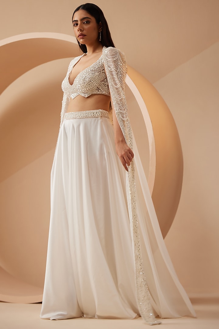 White Organza Crystal & Stone Embroidered Cape Set by ROQA | Siddharth Khurana & Kartik Khurana at Pernia's Pop Up Shop