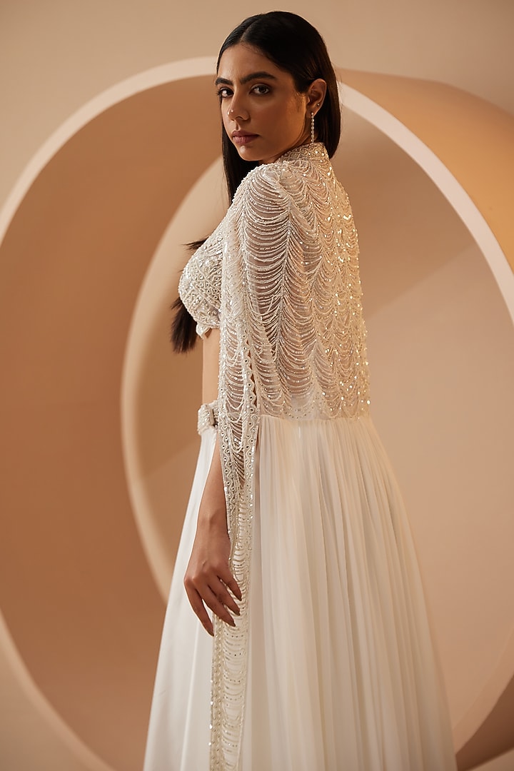 White Organza Crystal & Stone Embroidered Cape Set by ROQA | Siddharth Khurana & Kartik Khurana at Pernia's Pop Up Shop