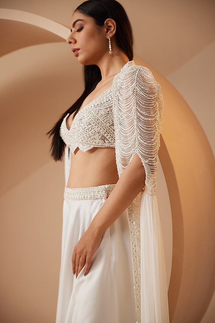 White Organza Crystal & Stone Embroidered Cape Set by ROQA | Siddharth Khurana & Kartik Khurana at Pernia's Pop Up Shop