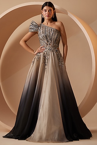 Grey Ombre Organza Sequins Embellished Gown by ROQA | Siddharth Khurana & Kartik Khurana