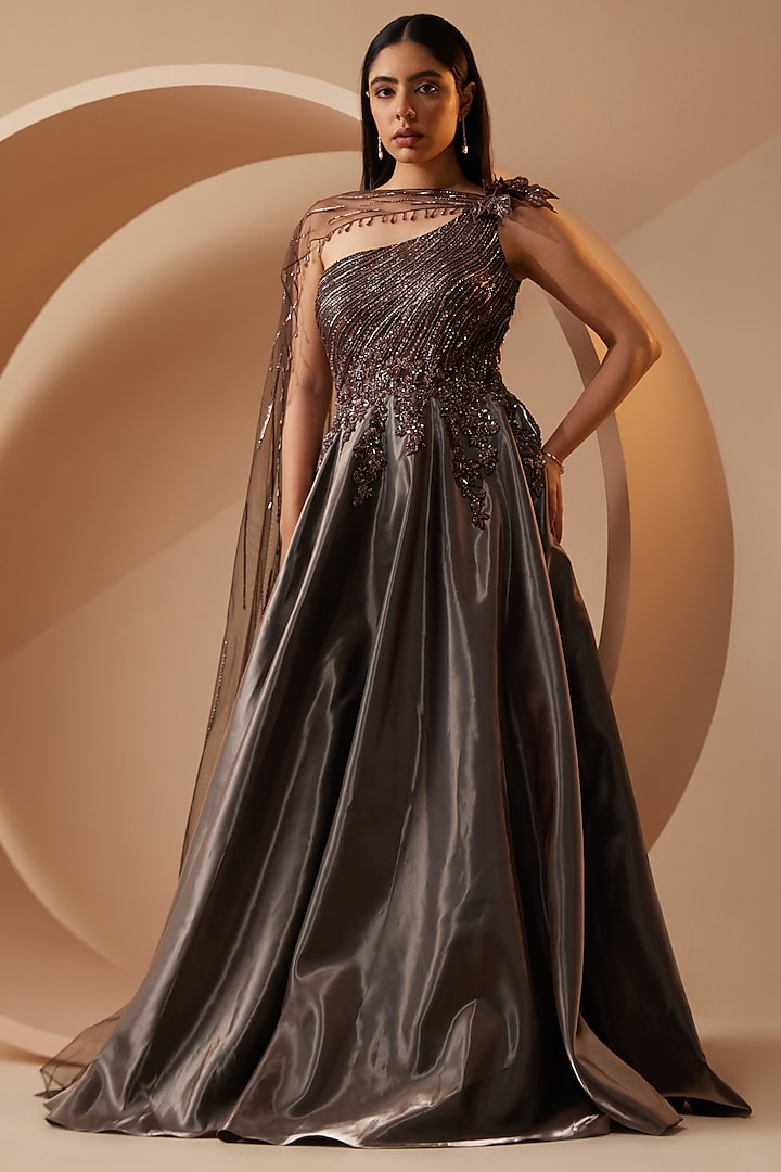 Brown Organza Sequins & Hand Embroidered Gown by ROQA