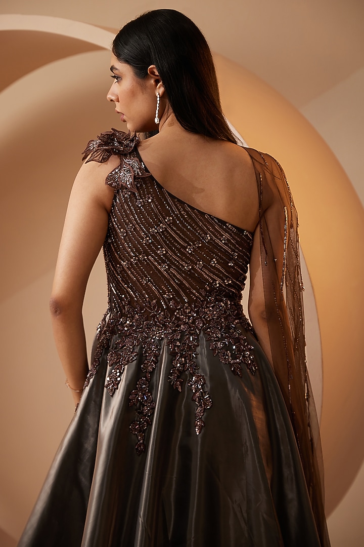 Pernia's Pop Up Shop - Roqa | Siddharth Khurana & Kartik Khurana Women Brown Organza Sequins & Hand Embroidered Gown