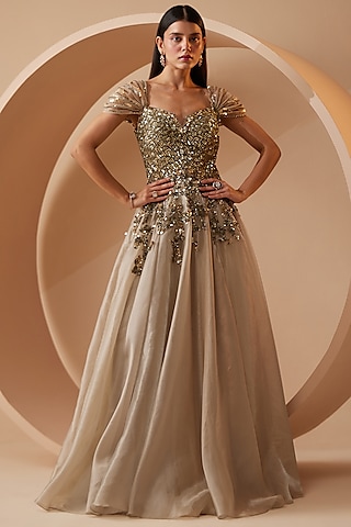 Ecru Organza Sequins & Hand Embroidered Straight Gown by ROQA | Siddharth Khurana & Kartik Khurana