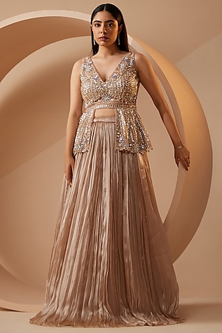 Champagne Gold Chinon Pleated Lehenga Set by ROQA | Siddharth Khurana & Kartik Khurana