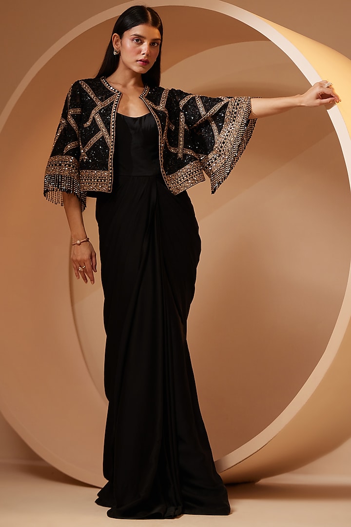 Black Net Sequins & Cutdana Embroidered Jacket Set by ROQA