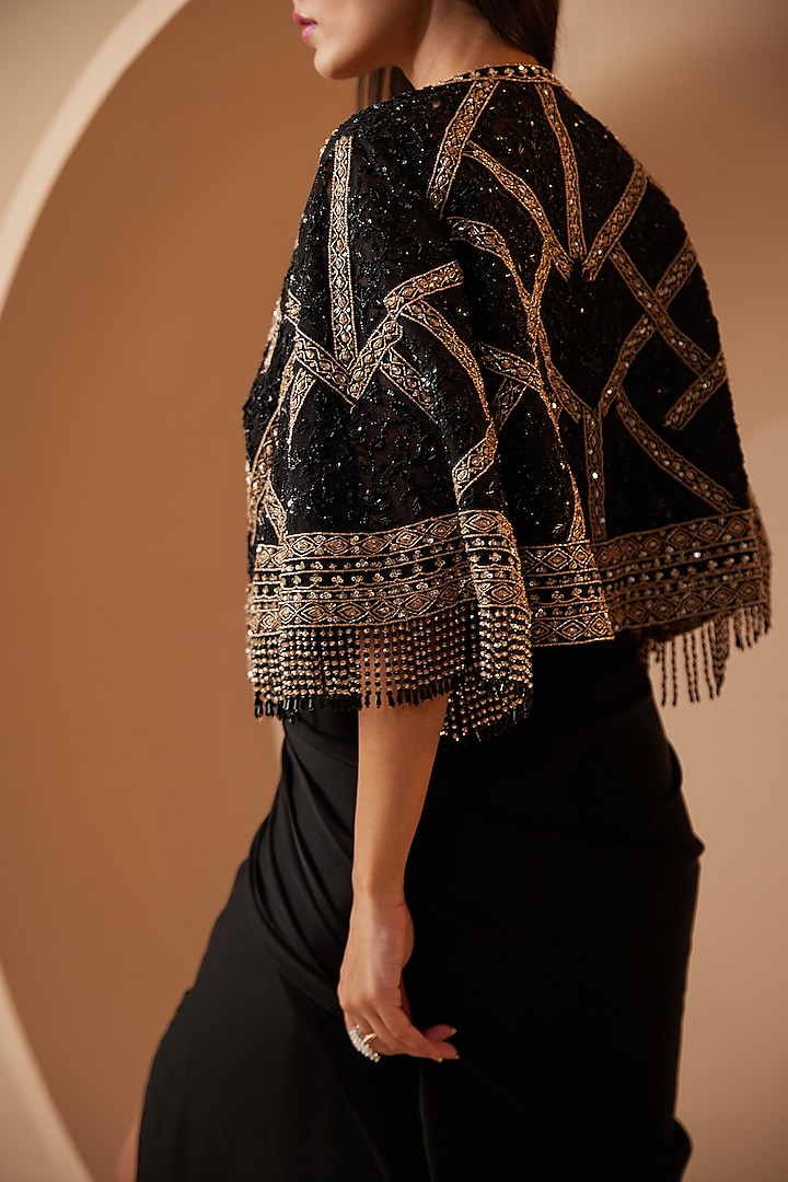 Black Net Sequins & Cutdana Embroidered Jacket Set by ROQA | Siddharth Khurana & Kartik Khurana at Pernia's Pop Up Shop