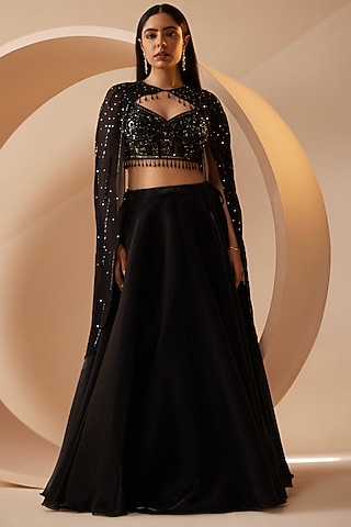 Black Organza Sequins Embroidered Lehenga Set by ROQA | Siddharth Khurana & Kartik Khurana