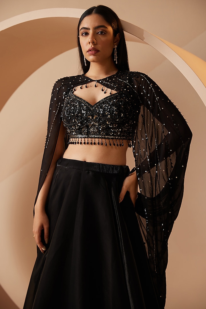 Black Organza Sequins Embroidered Wedding Lehenga Set by ROQA | Siddharth Khurana & Kartik Khurana at Pernia's Pop Up Shop