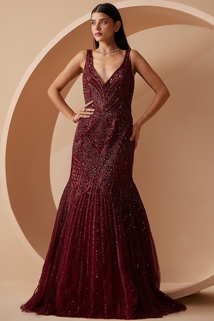 Maroon Net Cutdana Hand Embroidered Mermaid Straight Gown by ROQA