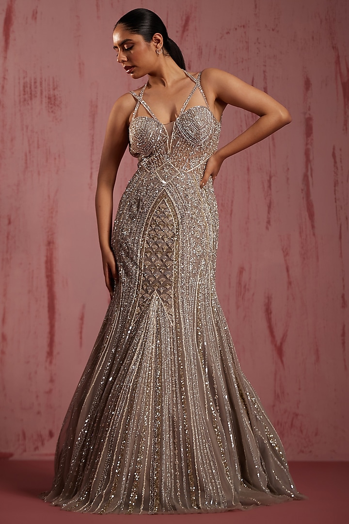 Silver-Grey Net Embroidered Gown by ROQA