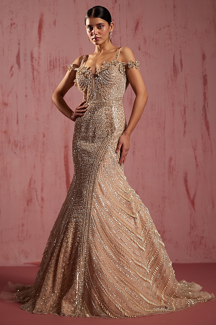 Gold Net Pearl Embroidered Gown by ROQA
