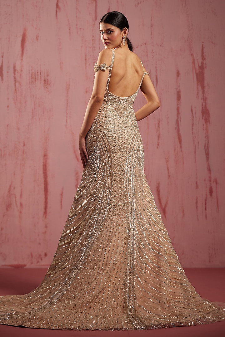 Gold Net Pearl Embroidered Wedding Gown by ROQA | Siddharth Khurana & Kartik Khurana at Pernia's Pop Up Shop