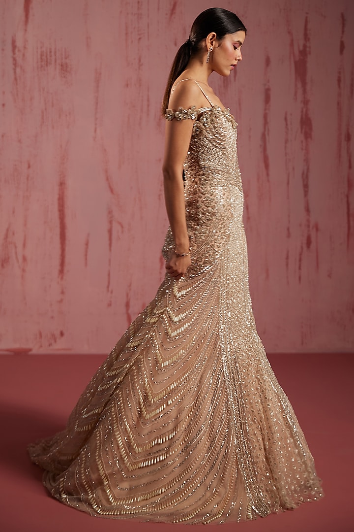 Gold Net Pearl Embroidered Wedding Gown by ROQA | Siddharth Khurana & Kartik Khurana at Pernia's Pop Up Shop