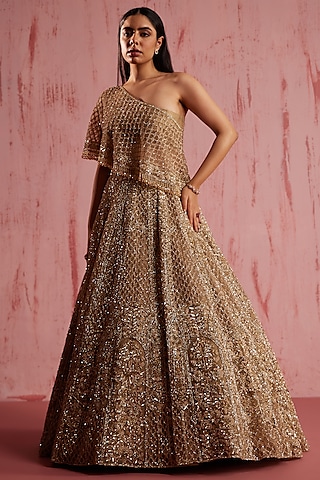 Gold Net Embroidered Lehenga Set by ROQA | Siddharth Khurana & Kartik Khurana