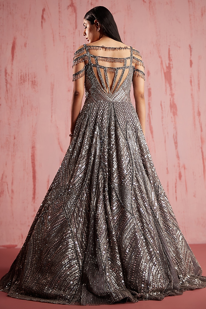 Silver Net Embroidered Metallic Bridal Gown by ROQA | Siddharth Khurana & Kartik Khurana at Pernia's Pop Up Shop