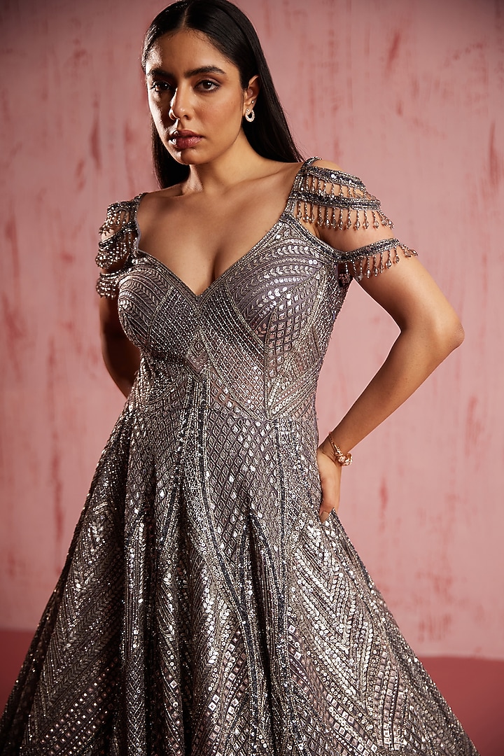 Silver Net Embroidered Metallic Bridal Gown by ROQA | Siddharth Khurana & Kartik Khurana at Pernia's Pop Up Shop
