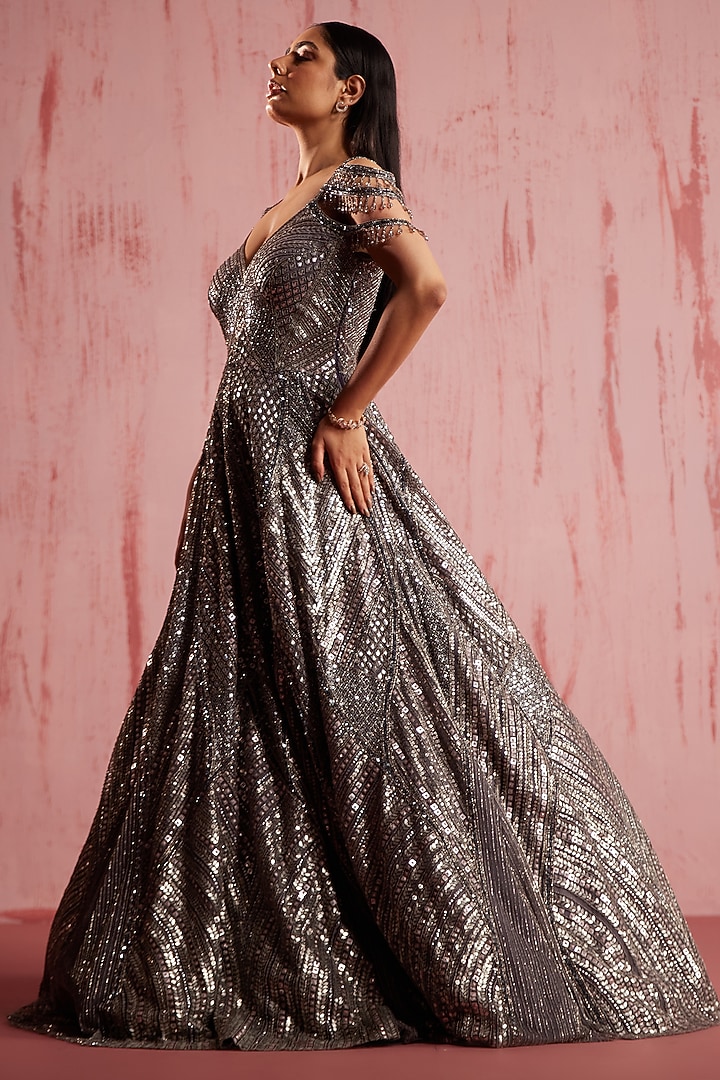 Silver Net Embroidered Metallic Bridal Gown by ROQA | Siddharth Khurana & Kartik Khurana at Pernia's Pop Up Shop