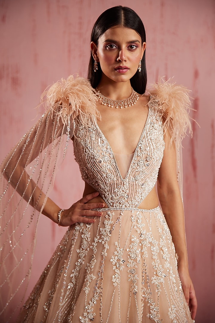 Peach Net Wedding Gown by ROQA | Siddharth Khurana & Kartik Khurana at Pernia's Pop Up Shop