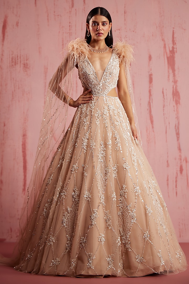 Peach Net Wedding Gown by ROQA | Siddharth Khurana & Kartik Khurana at Pernia's Pop Up Shop