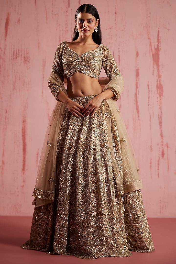 Gold Net Floral Embroidered Lehenga Set by ROQA